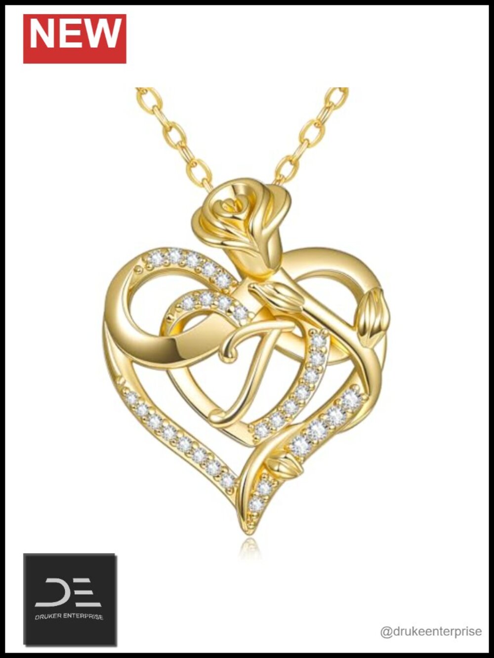 14k Gold Plated Personalized Initial Heart Pendant Necklace w/ Cubic Zirconia